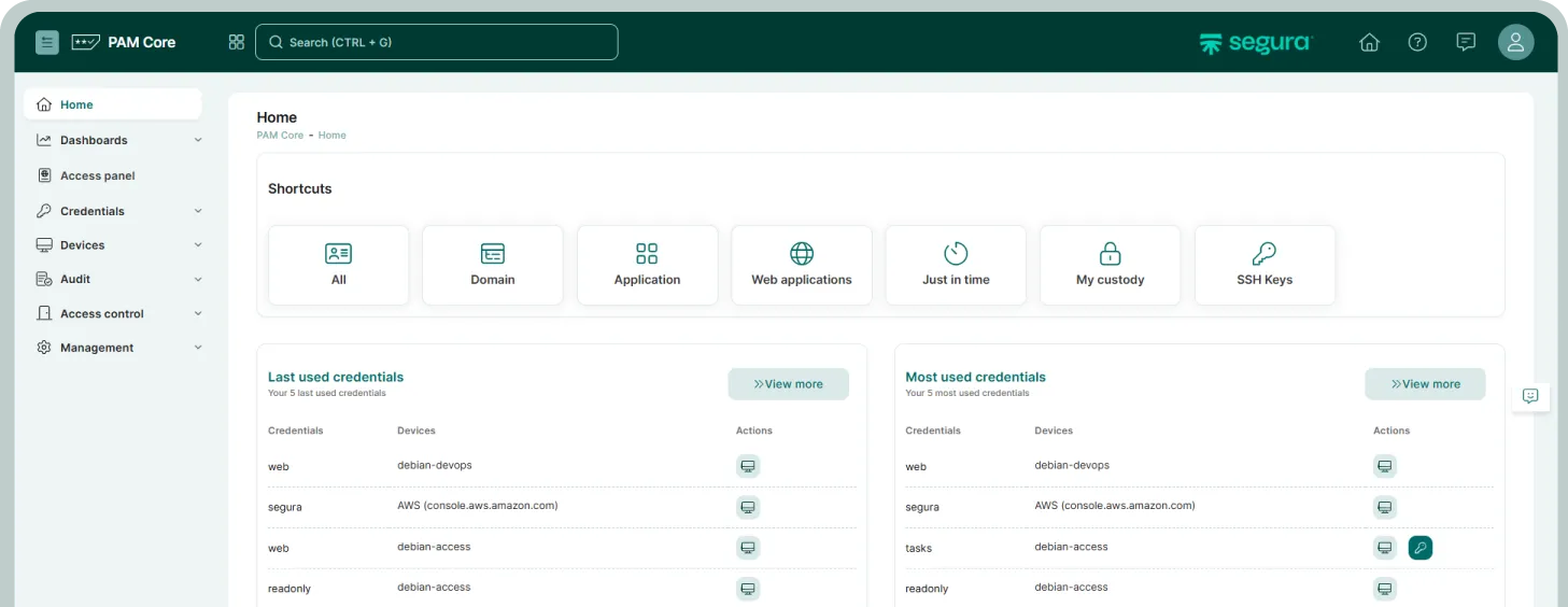 PAM Core home screen with shortcuts and lists of the last used and most used credentials